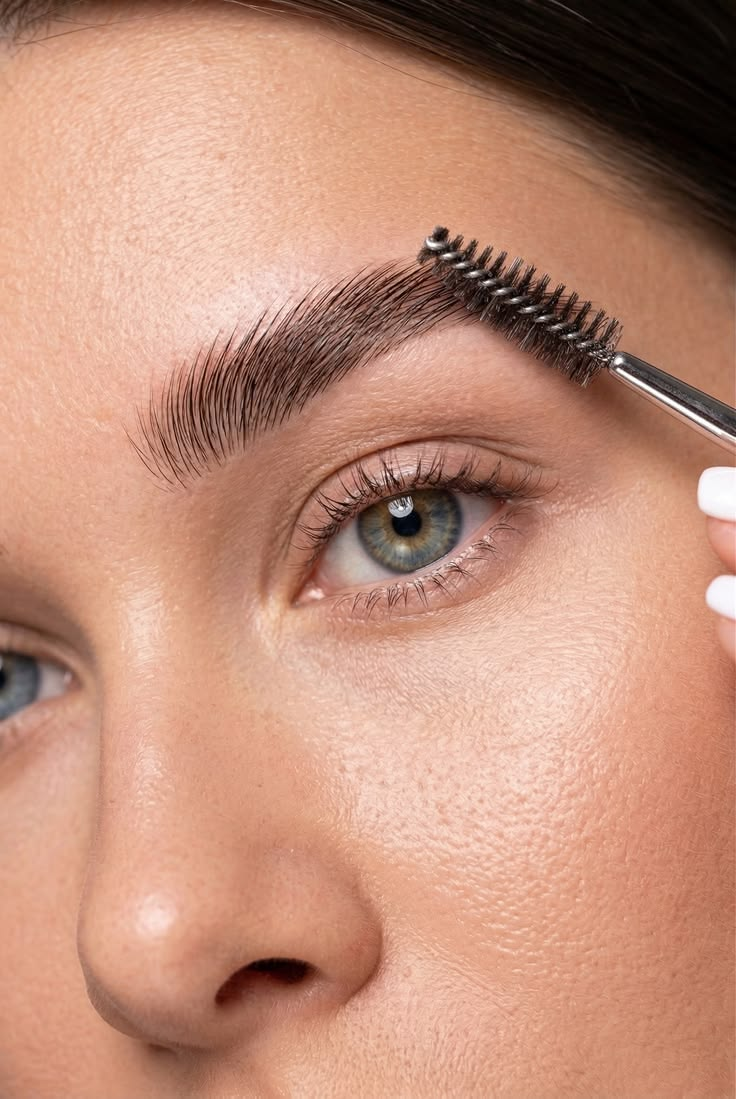 Permanent makeup pigment bottles, a brow mapping caliper and hand-brushed pigment swatches on linen